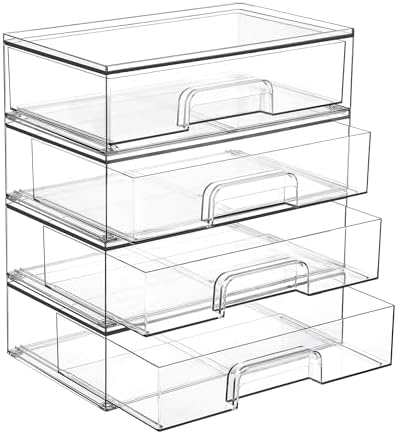 Vtopmart Clear Stackable Storage Drawers, 4 Pack Wide Plastic Organizers by Vtopmart