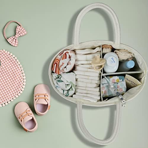 XUANGUO Large Cotton Rope Baby Diaper Caddy Organizer Basket White Brown - Image 6