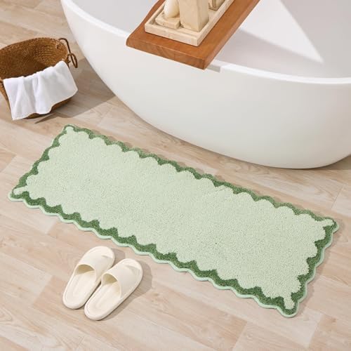 ORTIGIA Long Cute Scalloped Bathroom Rugs Runner, Fun Green Plush Microfiber by ORTIGIA