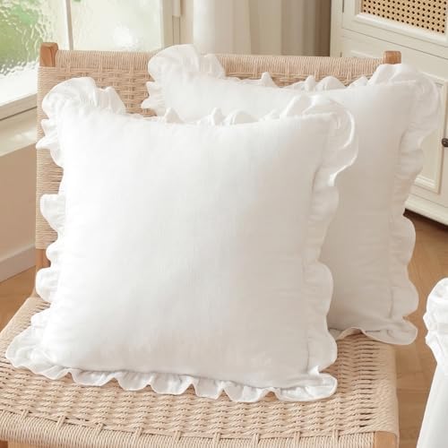 Set of 2 White Ruffle Pillow Covers 18x18 Inch, Solid White Decorative Throw by HOSTECCO