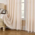 MitoVilla Cream Boho Farmhouse Living Room Curtains 63 Inch Length 2 Panels - Image 2