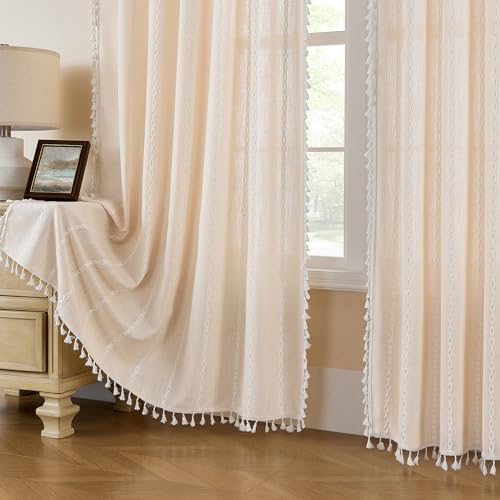 MitoVilla Cream Boho Farmhouse Living Room Curtains 63 Inch Length 2 Panels - Image 2