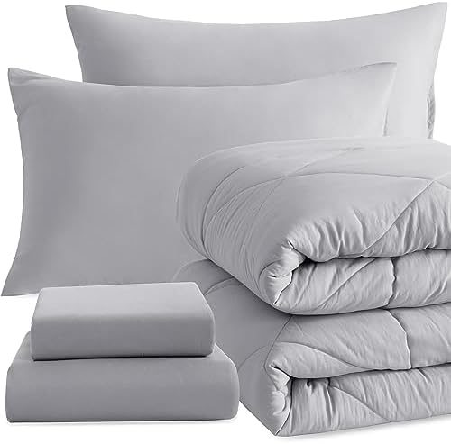 NTBAY Twin Microfiber Bed in a Bag, Comforter Set 5 Piece, Light Grey by NTBAY