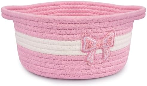 Pink Bow Basket for Nursery- Small Woven Gift Basket by Hkojewp