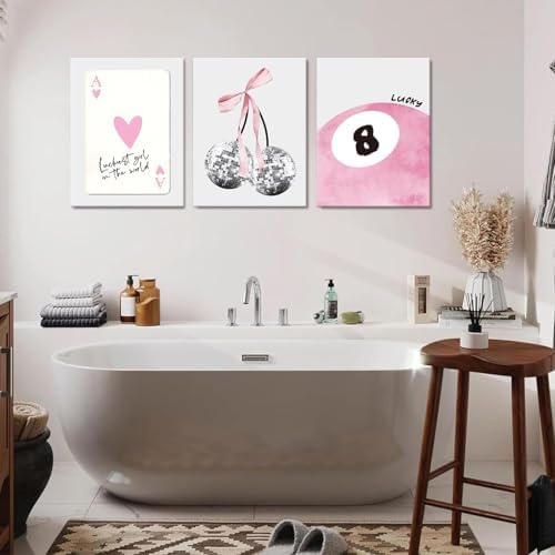 JBZZD Pink Coquette Canvas Wall Art Set of 3 Trendy Preppy Disco 8 Ball Cherry - Image 6