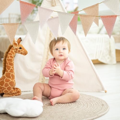 Whaline Beige Pink White Burlap Banner Pennant 4 Solid Color Bunting Garland - Image 4