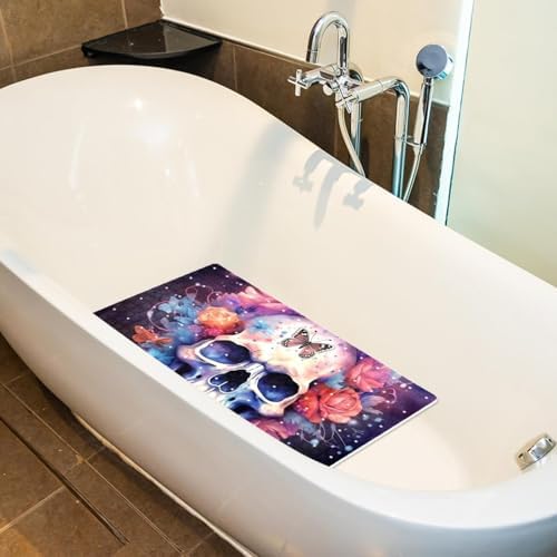 Shower Mat Non Slip 26.8 x 15.1 Inches, Galaxy Skull Florals Bathtub Mat Shower - Image 5