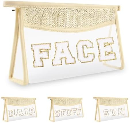 Clear Patch Makeup Letter Bag, Boho Preppy Chenille Letter Cosmetic Bag by Iqimott