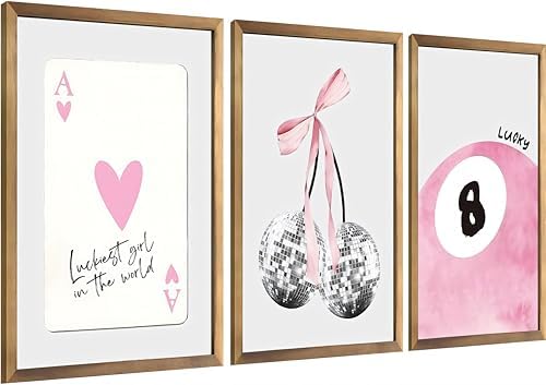 JBZZD Pink Coquette Canvas Wall Art Set of 3 Trendy Preppy Disco 8 Ball Cherry by JBZDD
