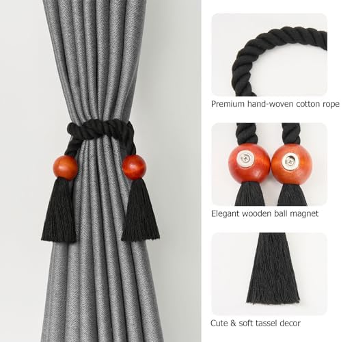 NICEEC 2 Pack Wooden Ball Magnetic Curtain Tiebacks Boho Home Decor Drape Tie - Image 3