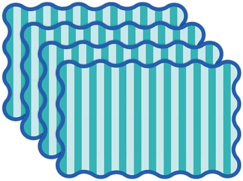 JarThenaAMCS 60 Pcs Blue Green Striped Paper Placemats Scalloped Edge Table by JarThenaAMCS