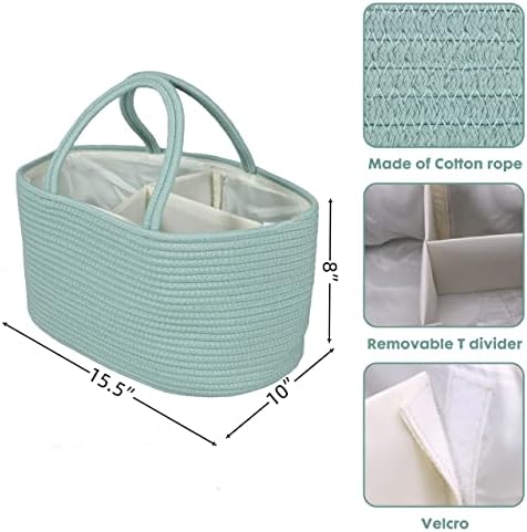 XUANGUO Large Cotton Rope Baby Diaper Caddy Organizer Basket Light Green - Image 3