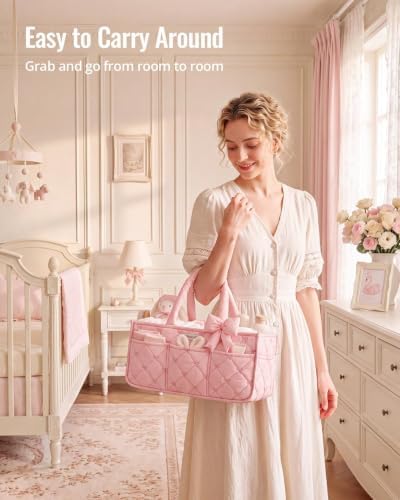 Blissful Diary Baby Diaper Caddy Organizer, Nursery Basket, Bow Light Pink - Image 5