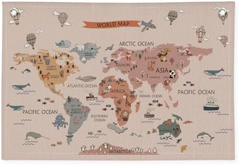 Wheatwin World Maps for Wall, World Map Banner for Kids, Cute Animal World Map by Wheatwin