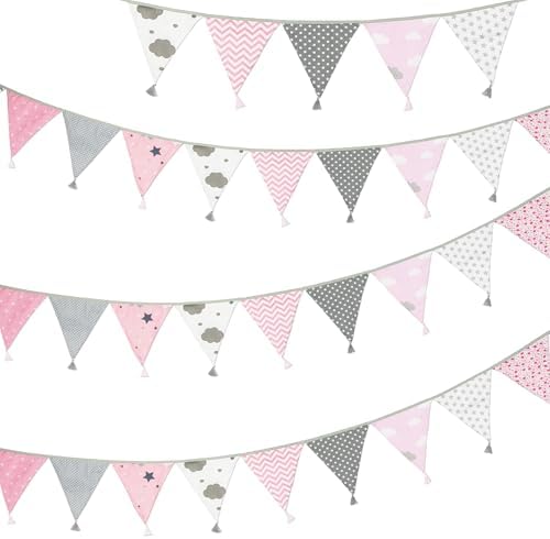 G2PLUS 10.8Ft Cotton Triangle Bunting Banner – 12pcs Pink and Grey Fabric by G2PLUS