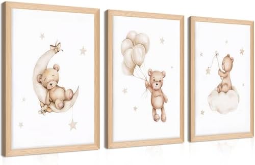 Framed Teddy Bear Wall Art Nursery Decor Set of 3, Bear Sleeping on The Moon by BGFCEWallArt