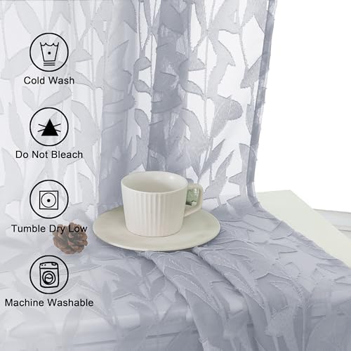 Lecloud Leia Light Grey Semi Sheer Curtains 45 Inch Length 2 Panels, Jacquard - Image 3