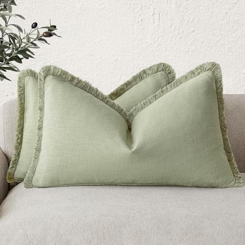 Foindtower Boho Linen Fringe Lumbar Throw Pillow Covers 12×20 Light Green by Foindtower