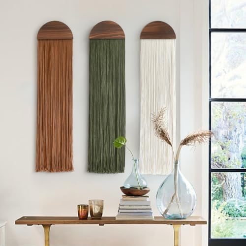 3pcs Macrame Wall Hanging Woven Wall Decor Brown Green Ivory 10"W*40"L - Image 3