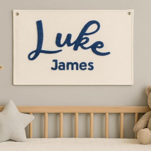 Personalized Embroidered Baby Name Banner Canvas Pennant Flag Nursery Decor by DUNACO