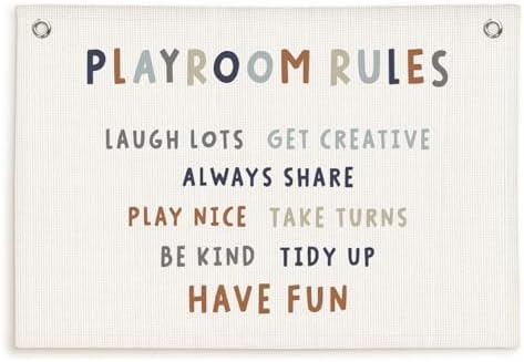 Lacama Play Room Wall Decor Rules Linen Banner, Kids PlayRoom Decor by Lacama