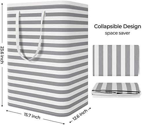 StorageRight Laundry Basket Hamper, 75L Clothes Storage, Striped Grey - Image 2