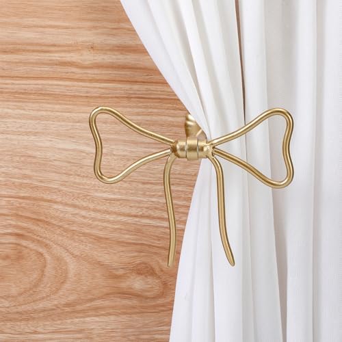Kathfly 2 Pcs Bow Curtain Holdbacks Gold Metal Curtain Tiebacks Wall Mounted - Image 6