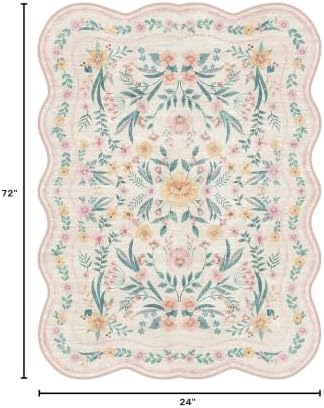 Pink Floral Rug 3X5 for Girls Bedroom or Nursery, Scalloped Washable Non-Slip - Image 2