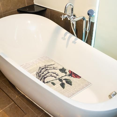 Bathtub Mat Non Slip 26.8x15.1 Inch, Skull Hand Holding a Red Rose Shower Mat - Image 5
