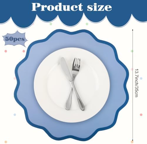 50 Pcs Blue Scalloped Paper Placemats, Disposable Round Wavy Edge Table Mats - Image 2