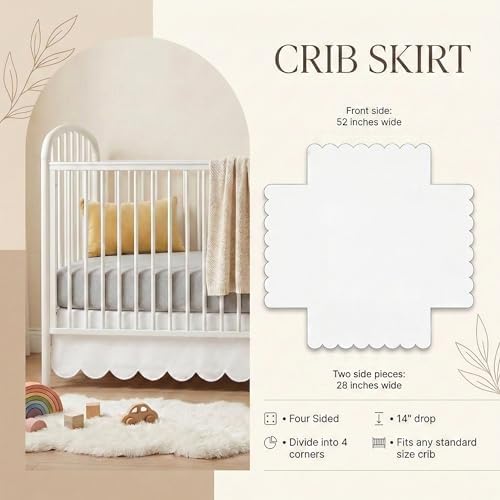 28 x 52 Inch White Crib Skirt 14 Inch Drop, Scalloped Crib Bed Skirt - Image 2