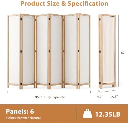Wood Room Divider Panel with Linen Fabric, Boho Folding Privacy Screen 67" - Image 5
