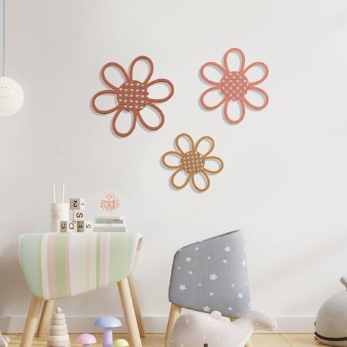 Maitys Boho Wall Decor Set of 3, Wood & Rattan Daisy Flower Wall Hanging Art - Image 6