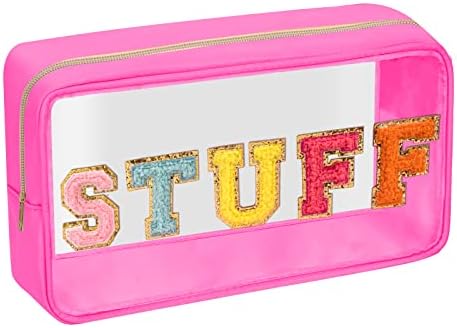 Iqimott Clear Patch Makeup Bag Stuff Pouch, Preppy Personalized Chenille Letter by Iqimott