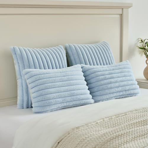 FUTEI Pack of 2 Faux Fur Throw Pillow Covers 24x24 Inch, Light Blue - Image 5