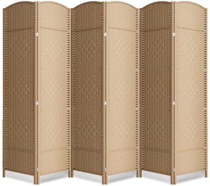 6 Panel Folding Room Divider, Woven Privacy Screen, Light Beige by cocosica