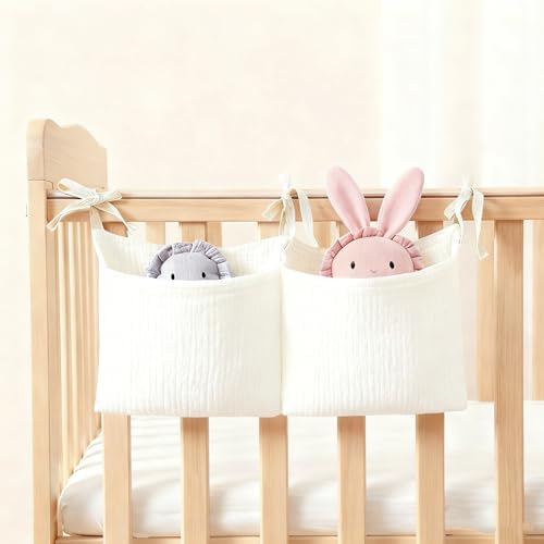 Baby Bedside Hanging Storage Bag Muslin Cotton, Crib Diaper Caddy Organizer 2 by DEZIGKA