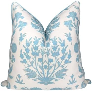 Jillien Harbor “The Charlotte” Bright Sky Blue Floral Block Print Pillow Cover by JillienHarbor