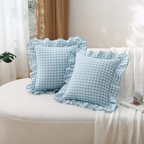 2 Pack Light Blue Gingham Ruffle Throw Pillow Covers 18''x18'' - Image 7