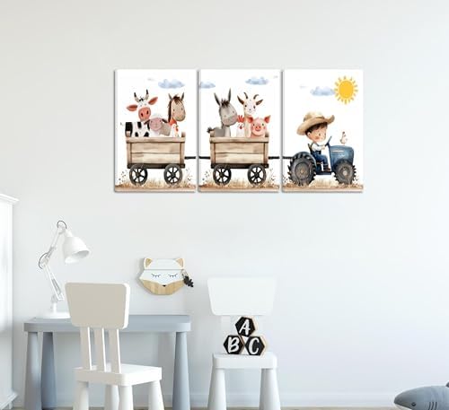 3Pcs Cute Farm Animals Canvas Wall Art Nursery Cartoon Watercolor Animal - Image 5