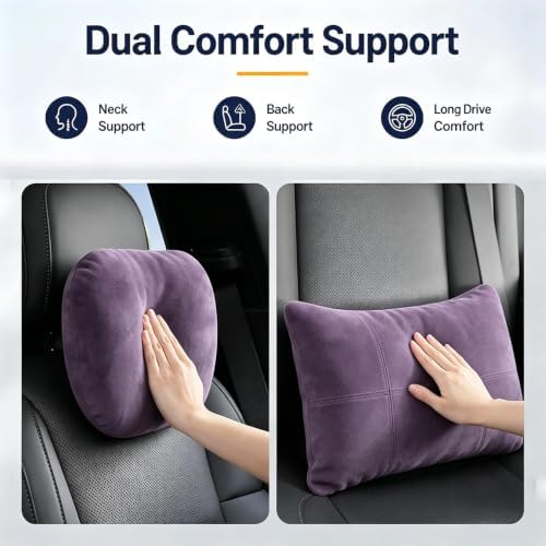 2 PCS Car Pillow for Driving Seat Soft Suede Headrest Neck & Lumbar Support - Image 2