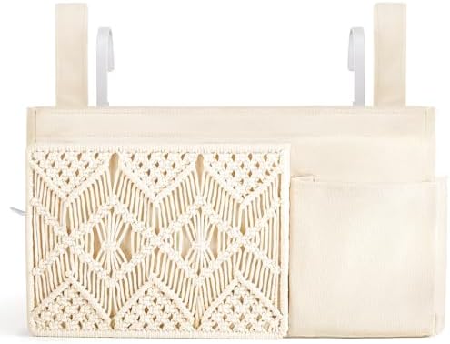 Mkono Bedside Caddy, Macrame Hanging Organizer, 4 Pockets Ivory Metal Hooks by Mkono
