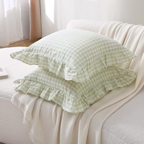 2 Pack Pile Green Gingham Ruffle Throw Pillow Covers 18''x18'' - Image 3