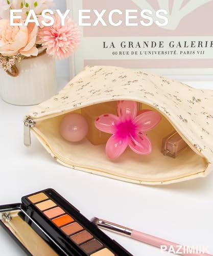 Flat Makeup Bag for Women, Zipper Cosmetic Pouch for Purse, Flower Beige - Image 2