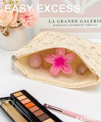Flat Makeup Bag for Women, Zipper Cosmetic Pouch for Purse, Flower Beige - Image 2