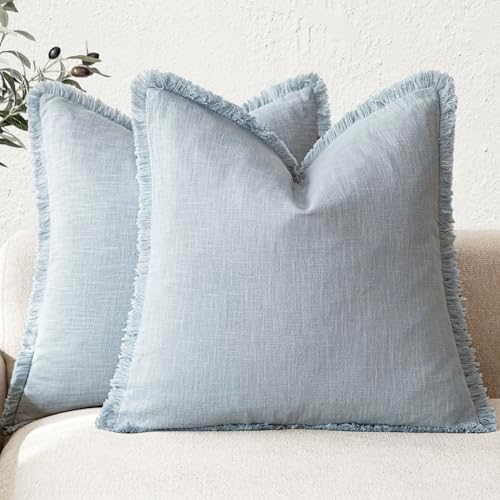 Foindtower Decorative Linen Fringe Throw Pillow Covers 22×22 Inch, Sky Blue by Foindtower