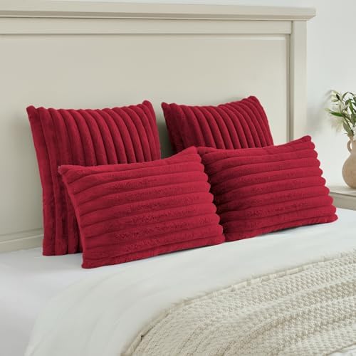 FUTEI Pack of 2 Faux Fur Throw Pillow Covers 20x20 Inch, Retro Red - Image 5