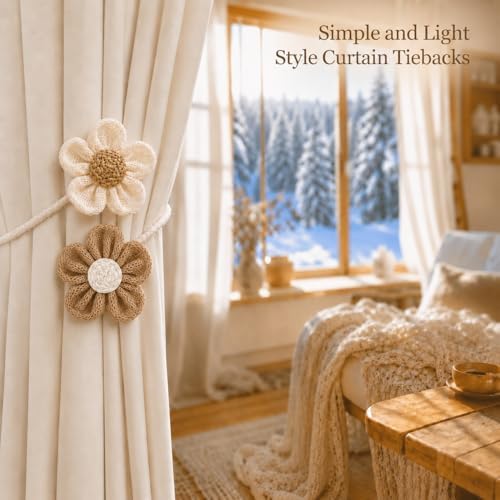 2 Pack Boho Curtain Tiebacks, Adjustable Linen Cotton Flower Holdbacks - Image 2