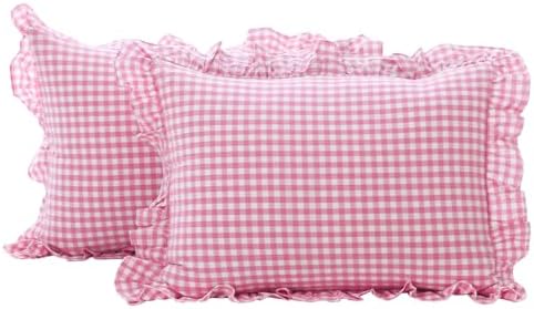 2 Pack Pink White Gingham Ruffle Standard Pillow Shams 20"x26" by KMASANIJI