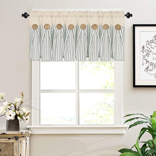 ASPMIZ Cotton Linen Kitchen Valance Curtains, Boho Rustic Button Linen Valances - Image 6